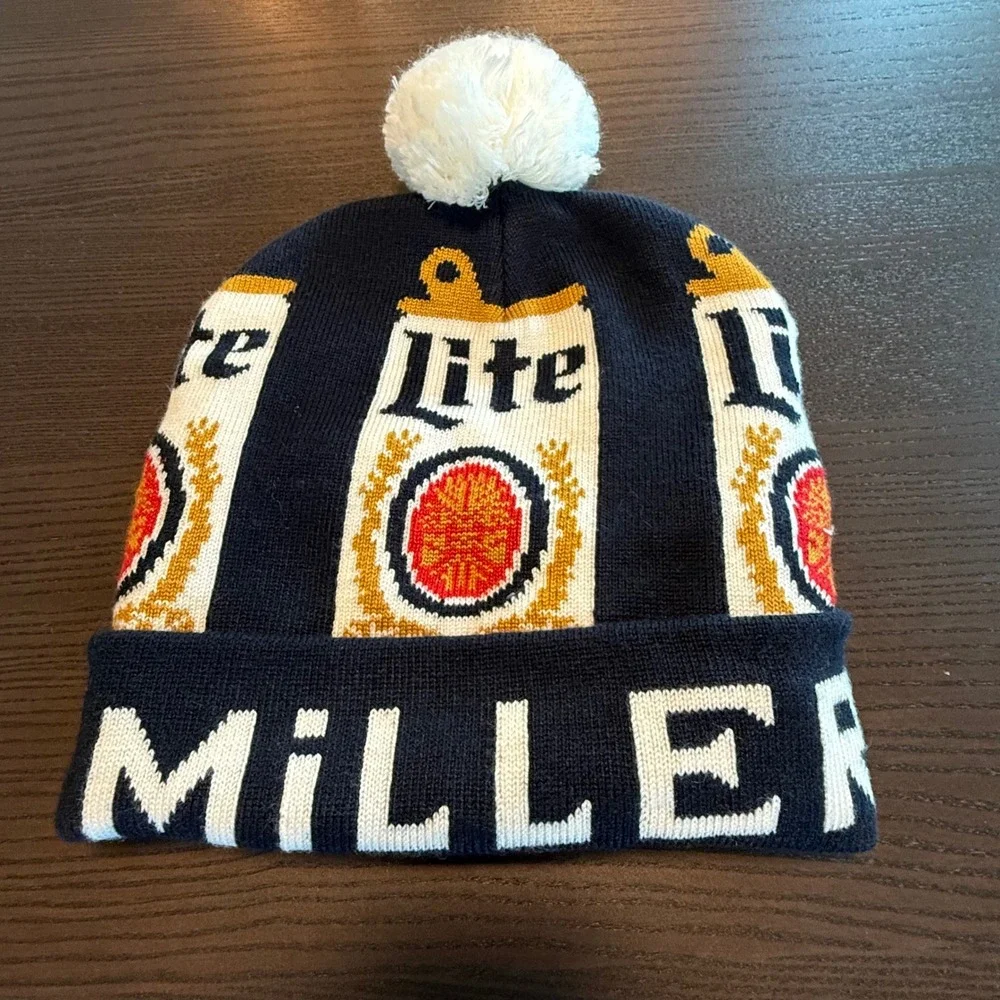 Miller Lite Beer Knit Beanie Hat Pom Pom Navy Blue Acrylic Winter Cap Mens OSFM